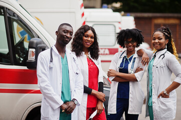 Group of african paramedic ambulance emergency crew doctors.