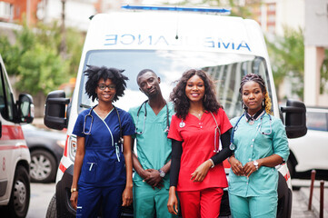 Group of african paramedic ambulance emergency crew doctors.