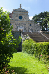 Fototapeta na wymiar Front view from garden of the Abbazia di Praglia (Praglia Abbey) in the province of Padua at the foot of the Euganean Hills in Italy. Vertical image