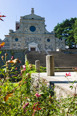 Front view of the Abbazia di Praglia (Praglia Abbey) in the province of Padua at the foot of the Euganean Hills in Italy. Vertical image