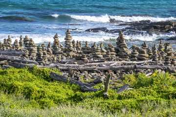 Stacked rocks on the coast of the Sea in the nature. Balance and harmony concept