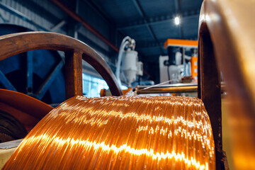 Production of copper wire, cable in reels at factory. Cable factory.