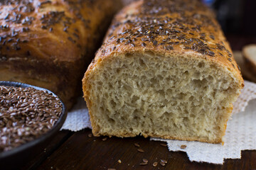 Homemade bread sprinkled with linseed.