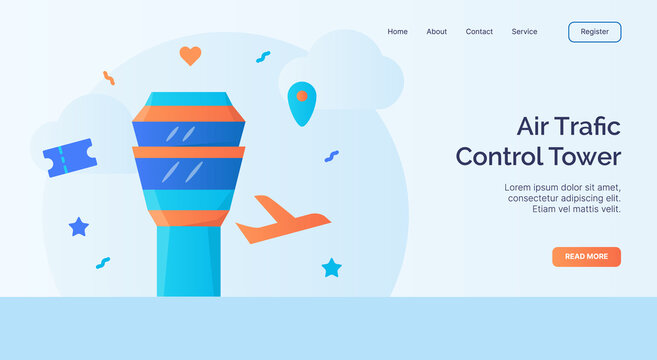 Air Traffic Control Tower Icon Campaign For Web Website Home Homepage Landing Template Banner With Cartoon Flat Style