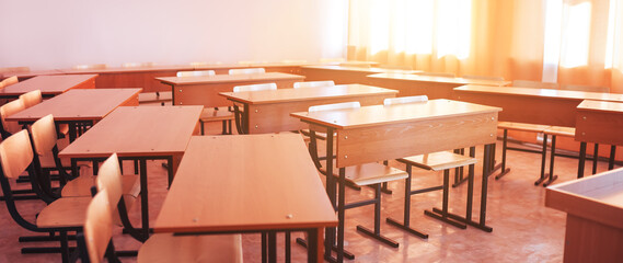 Empty school class during school holidays, back to school, children education.