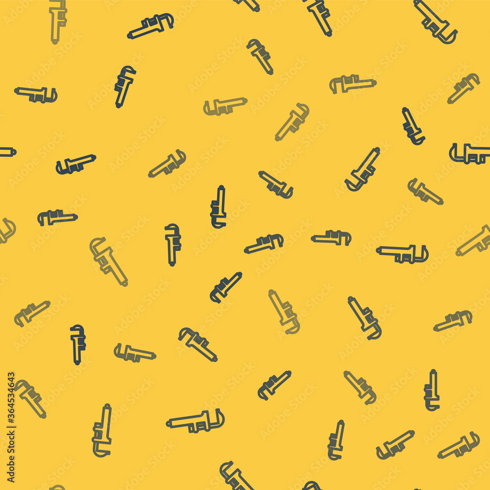 Poster blue line calliper or caliper and scale icon isolated seamless pattern on yellow background. precisi