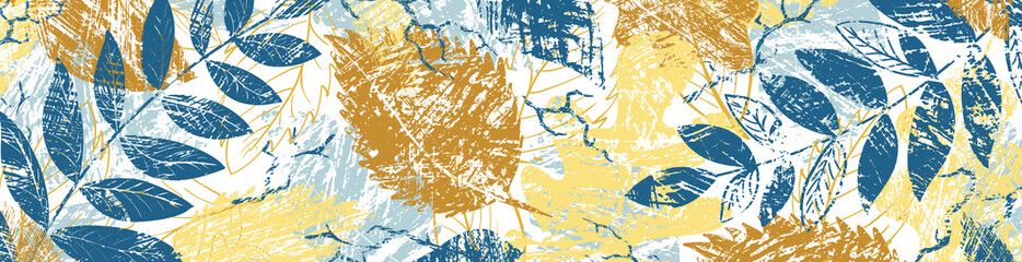 Hand drawn texture background with autumn leaves. Abstract natural elements. Plant print. Sketch banner, template, card. Vector grunge modern textured brush stroke, doodle, scribbled