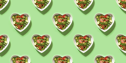 Seamless pattern of resh salad with tomato, cucumber, vegetables, microgreens radishes in plate...