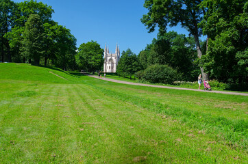 Green garden with grass. Summer courtyard with lawn. Beautiful summer landscape landscape park. Nature for background on postcard. Park in Peterhof, St. Petersburg, Russia, July 23, 2017