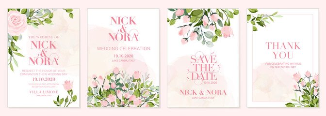 Wedding floral golden invitation card save the date design with pink flowers