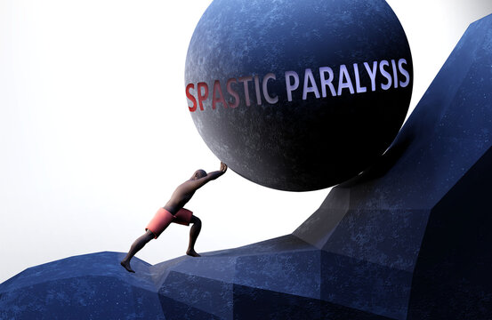 Spastic paralysis as a problem that makes life harder - symbolized by a person pushing weight with word Spastic paralysis to show that it can be a burden, 3d illustration