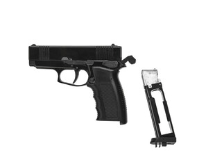 Pneumatic pistol isolated on white background. Short-sleeved pneumatic weapon for sports and...