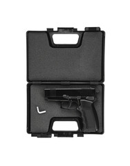 Pneumatic pistol isolated on white background. Short-sleeved pneumatic weapon for sports and entertainment.