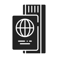 Passport with ticket black glyph icon. Travel document with a boarding pass. Pictogram for web page, mobile app, promo. UI UX GUI design element.
