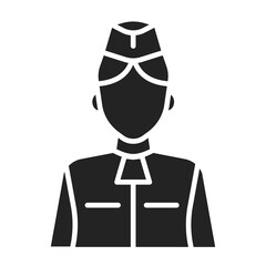 Stewardess black glyph icon. Member of an aircrew employed by airlines aboard commercial flights. Pictogram for web page, mobile app, promo. UI UX GUI design element.