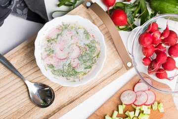 A bowl of soup with cream, served cold. Soup with radish, cucumber, dill and some spring onion. Chlodnik.