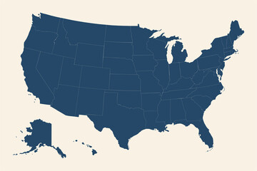 Fototapeta na wymiar USA map with detailed provinces. Cyan blue, cream white background.