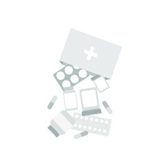 The pharmacy box is turned upside down, medicines, tablets, vials fall to the floor. Vector illustration, flat cartoon design isolated on white background, eps 10.