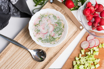 A bowl of soup with cream, served cold. Soup with radish, cucumber, dill and some spring onion. Chlodnik.