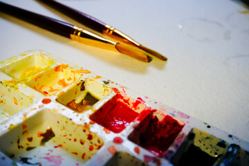 Watercolour palette and brushes. Vibrant colours used on the palette. Shot at Howrah, West Bengal, India.