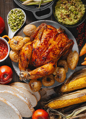Thanksgiving celebration concept, baked turkey with vegetables on a table with corn, green peas, ripe apples and other vegetables. autumn harvest