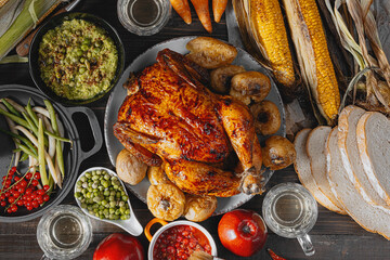 Thanksgiving celebration concept, baked turkey with vegetables on a table with corn, green peas, ripe apples and other vegetables. autumn harvest