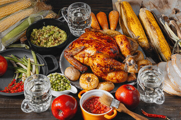 Thanksgiving celebration concept, baked turkey with vegetables on a table with corn, green peas, ripe apples and other vegetables. autumn harvest