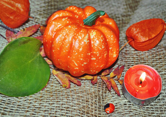 Autumn and Halloween decorations with pumpkin,  European mountain ash and red candle against canvas...