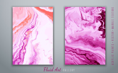 Vector. Fluid art. Liquid acrylic paints. Marble texture. Violet and orange colors. Handmade. Fashionable modern painting. Template for posters, business cards, book covers, presentations.
