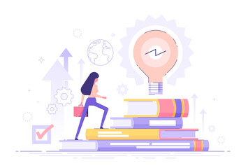 Businesswoman climbs on a stack of books to knowledge. Education and professional career concept. MBA. Modern vector illustration.