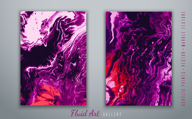 Vector. Fluid art. Liquid acrylic paints. Marble texture. Violet and red colors. Handmade. Fashionable modern painting. Template for posters, business cards, invitations, book covers, presentations.