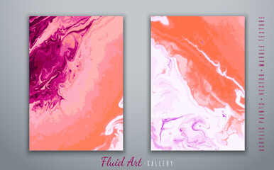Vector. Fluid art. Liquid acrylic paints. Marble texture. Violet and orange colors. Handmade. Fashionable modern painting. Template for posters, business cards, invitations, book covers.