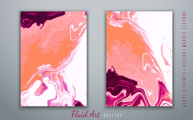 Fluid art. Vector. Abstract illustration with acrylic paints. The effect of flowing liquid and marble texture. Violet and orange colors. Spray paint. Handwork with a brush. 