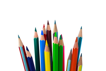 One huge pile of different colored wood pencil crayon placed on a white background