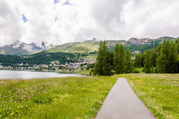 St. Moritz, St. Moritzersee, Wanderweg, Oberengadin, Alpen, Piz Julier, Corviglia, Stazerwald, Bergblumen, Wiese, Graubünden, Uferweg, Seeufer, Wassersport, Malojawind, St. Moritz Bad, Sommer, Schweiz