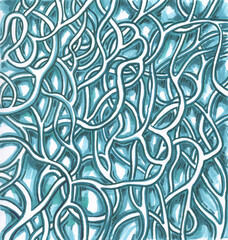 Abstract hand drawn markers background. Blue green color, waves, lines, weave.