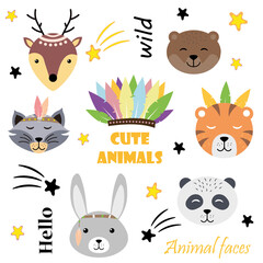Cute animals hare, deer, bear, tiger, panda, raccoon.  Hand drawn 