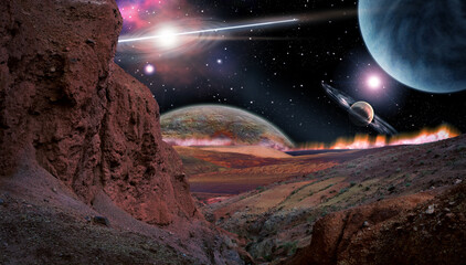 Fantastic view from the red planet. 3D rendering.