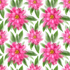 Seamless pattern with pink chrysanthemum. Created with digital brushes. Free hand drawing without reference 