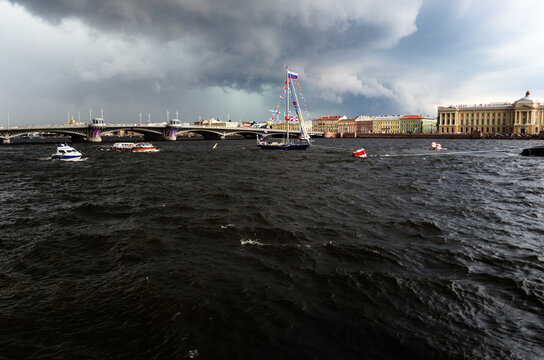 Rainy dark clouds over the river, Russia, St. Petersburg, the water area of the Neva River, August 31, 2017