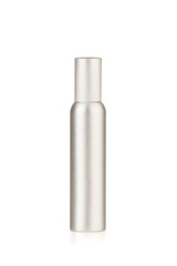 Perfume spray phot of metallic silver bottle. Isolated.