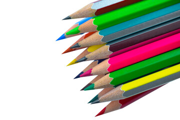 View of row of various colored wood pencil crayons placed on top of another