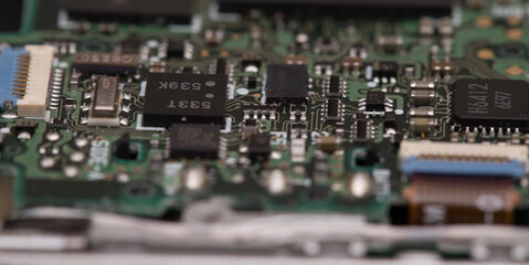 close of an electronic circuit board with micro components, processor