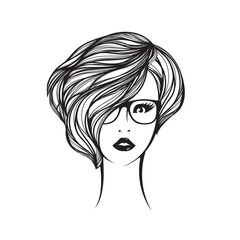 Beautiful woman with short haircut, wavy hairstyle and elegant makeup.Hair salon and beauty studio logo.Young lady with eyeglasses.Fashion, cosmetics and spa icon.Pretty girl portrait.