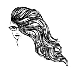 Beautiful woman with long hair, wavy hairstyle and elegant makeup.Hair salon and beauty studio logo.Young lady with eyeglasses.Fashion, cosmetics and spa icon.Pretty girl portrait.