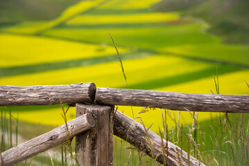 Agricultural valley with colorful fields and wooden fence