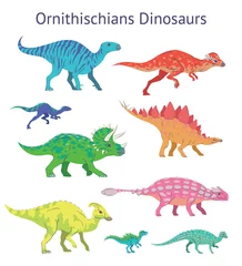 Glasschilderij Dinosaurussen Kleurrijke vectorillustratie van ornithischian dinosaurussen geïsoleerd op een witte achtergrond. Zijaanzicht. Set van dinosaurussen. Ornithischia. Proportionele afmetingen. Element voor uw ontwerp, blog, dagboek.