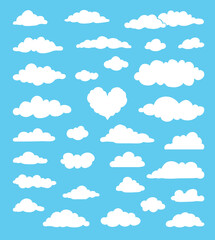Fototapeta premium Set of various white cartoon clouds on blue background. vector illustration