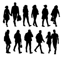 Set of young and adult men and women standing and walking. Monochrome vector illustration of silhouettes of people in different poses. Stencil. Black silhouettes isolated on white background.