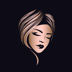 Beauty salon logo.Beautiful woman with elegant hairstyle and makeup.Cosmetics and spa icon.Smiling lady portrait.Cute face.Shiny rose gold color illustration isolated on dark background.